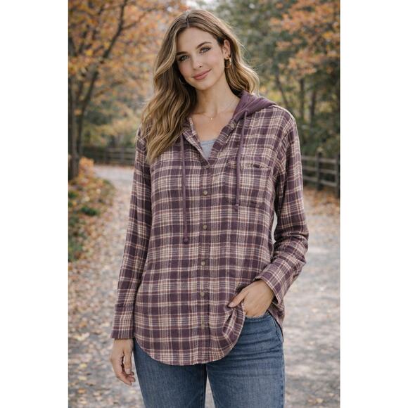 American Eagle Outfitters Tops - American Eagle Women's M Plaid Flannel Hoodie Button Up Shirt Western Cozy Boho